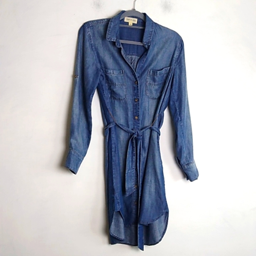 Anthropologie Womens Cloth & Stone Chambray Button Down Dress lLS belted size XS
